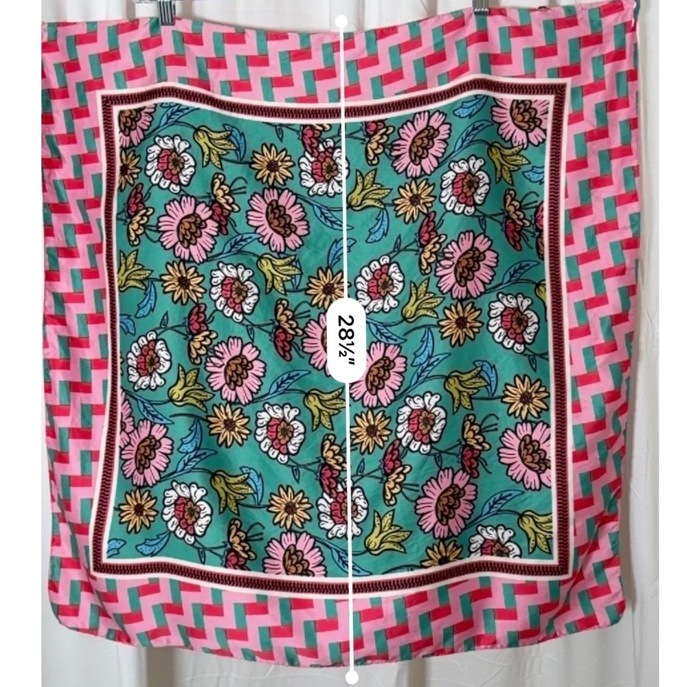 Zara Floral Geometric Square Scarf Pink Teal Green Silk Feel Neckerchief 26x28.5
